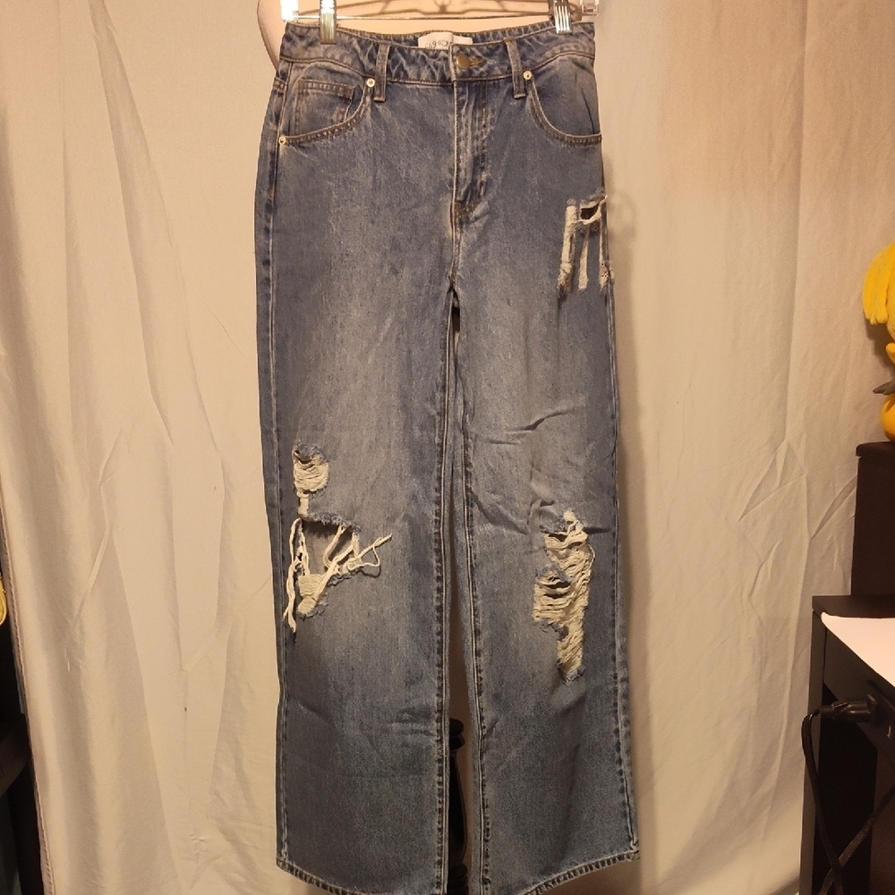 Fashion Nova Hometown Honey Atlanta Distressed Wide Leg Blue Jeans Size 5